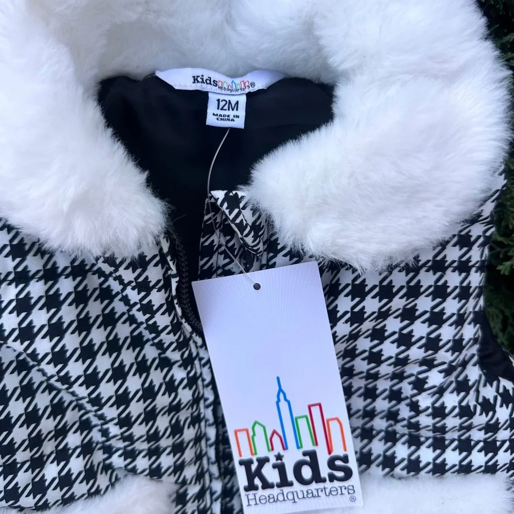 Kids Headquarters Baby Girl Houndstooth Faux Fur Puffer Vest Size 12 Months NWT
